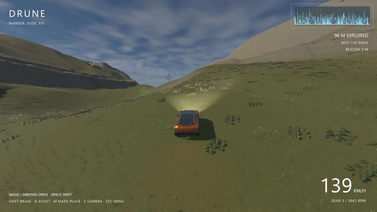 A car exploring a mountain valley in Drune.