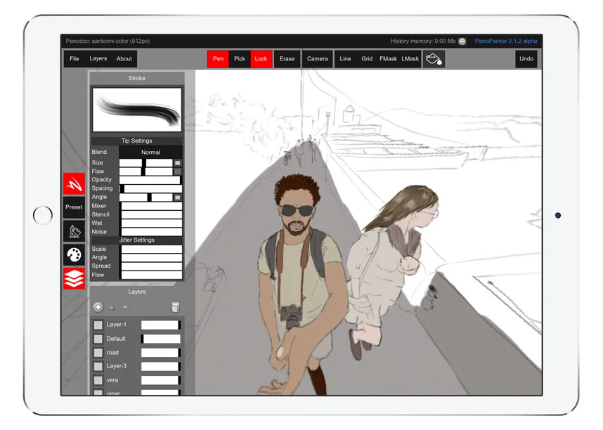 PanoPainter running on an iPad, showing a panoramic painting and its drawing tools.